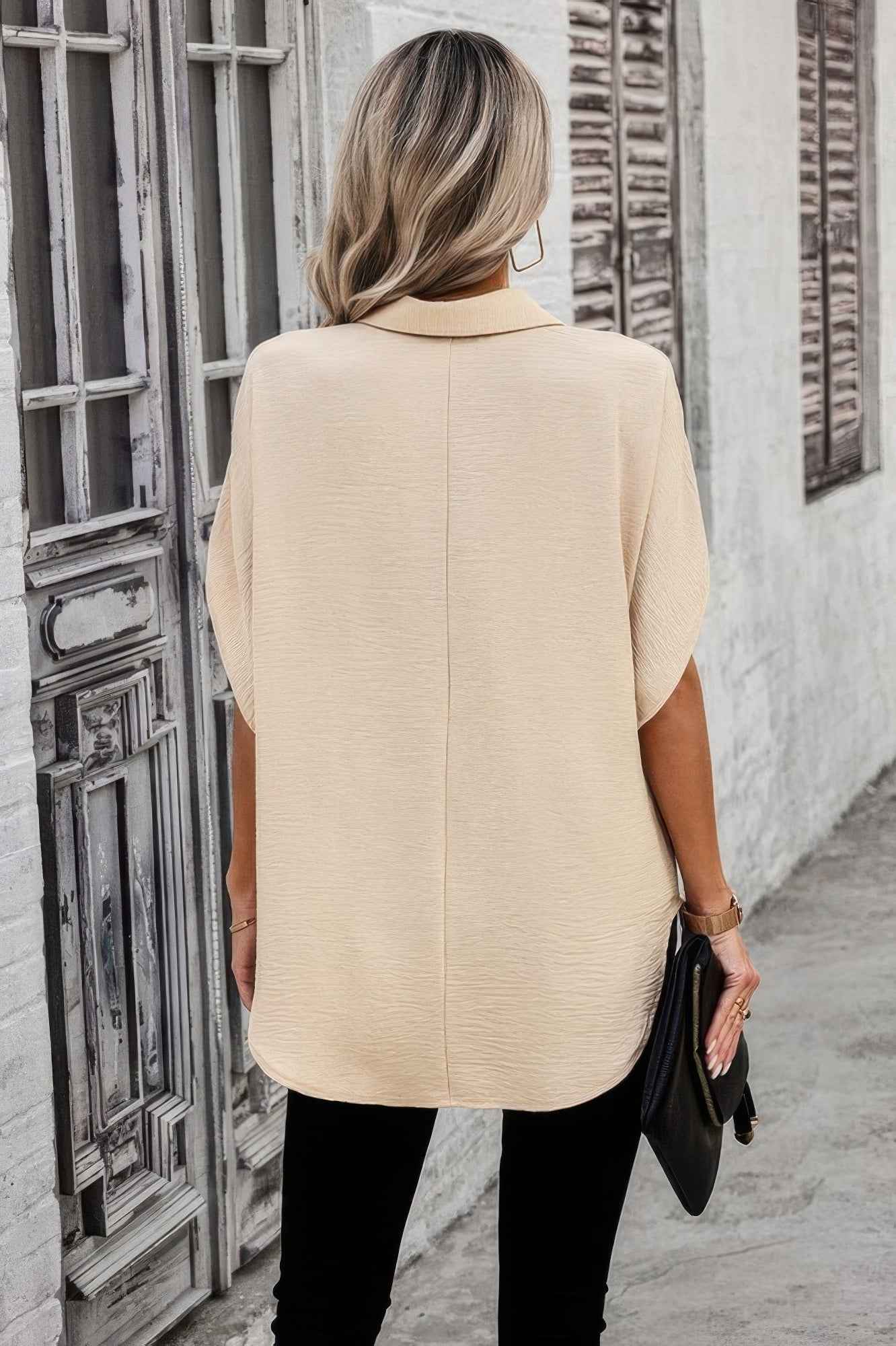 Solid Front Open Button Loose Fit Blouse