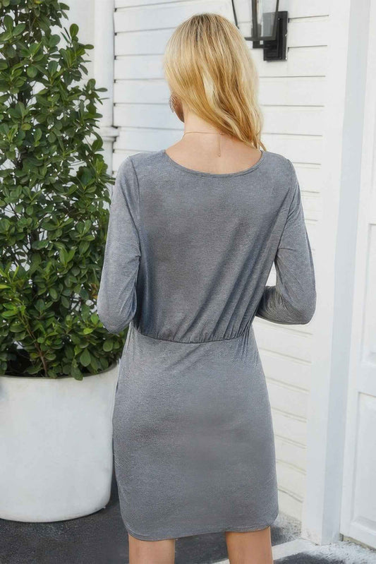 Solid Crew Neck High Waist Drawstring Dress