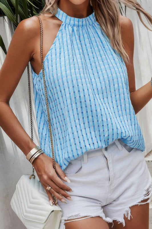 Tartan Halter Sleeveless Cut Out Back Loose Shirt