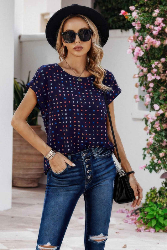 Scoop Neck Polka Dot Batwing Sleeve Blouse