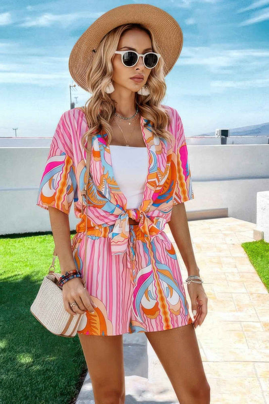 Graphic Print Drop Shoulder Blouse Tie Front Short