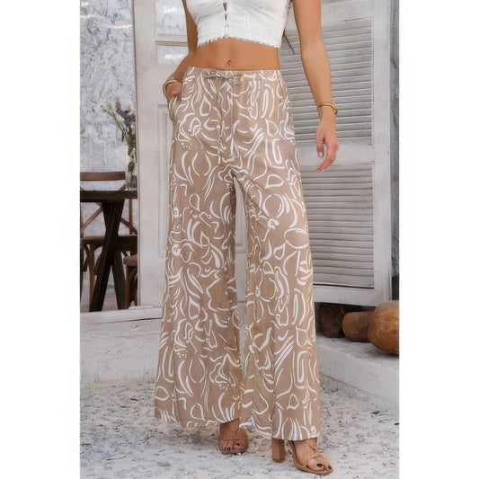 Allover Print Drawstring Pockets Wide Leg Pants