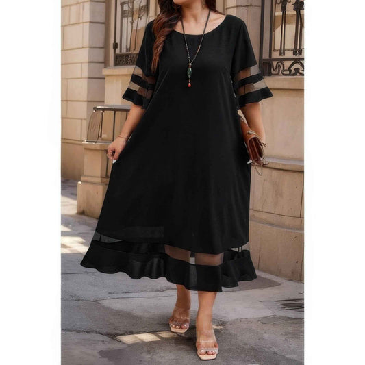 Plus Size Mesh Splicing Round Neck Long Dress