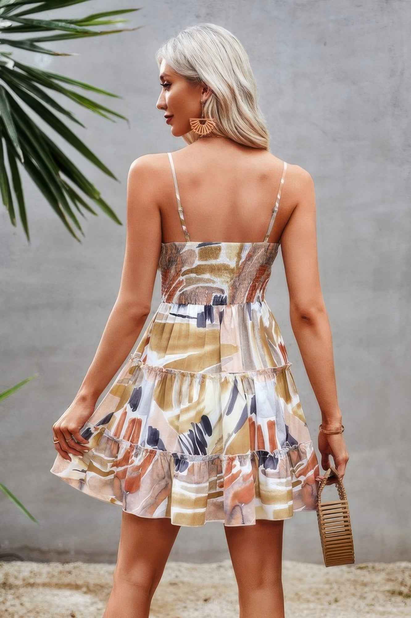 Tie Dye V Neck Sleeveless Ruffle Hem A Line Dress