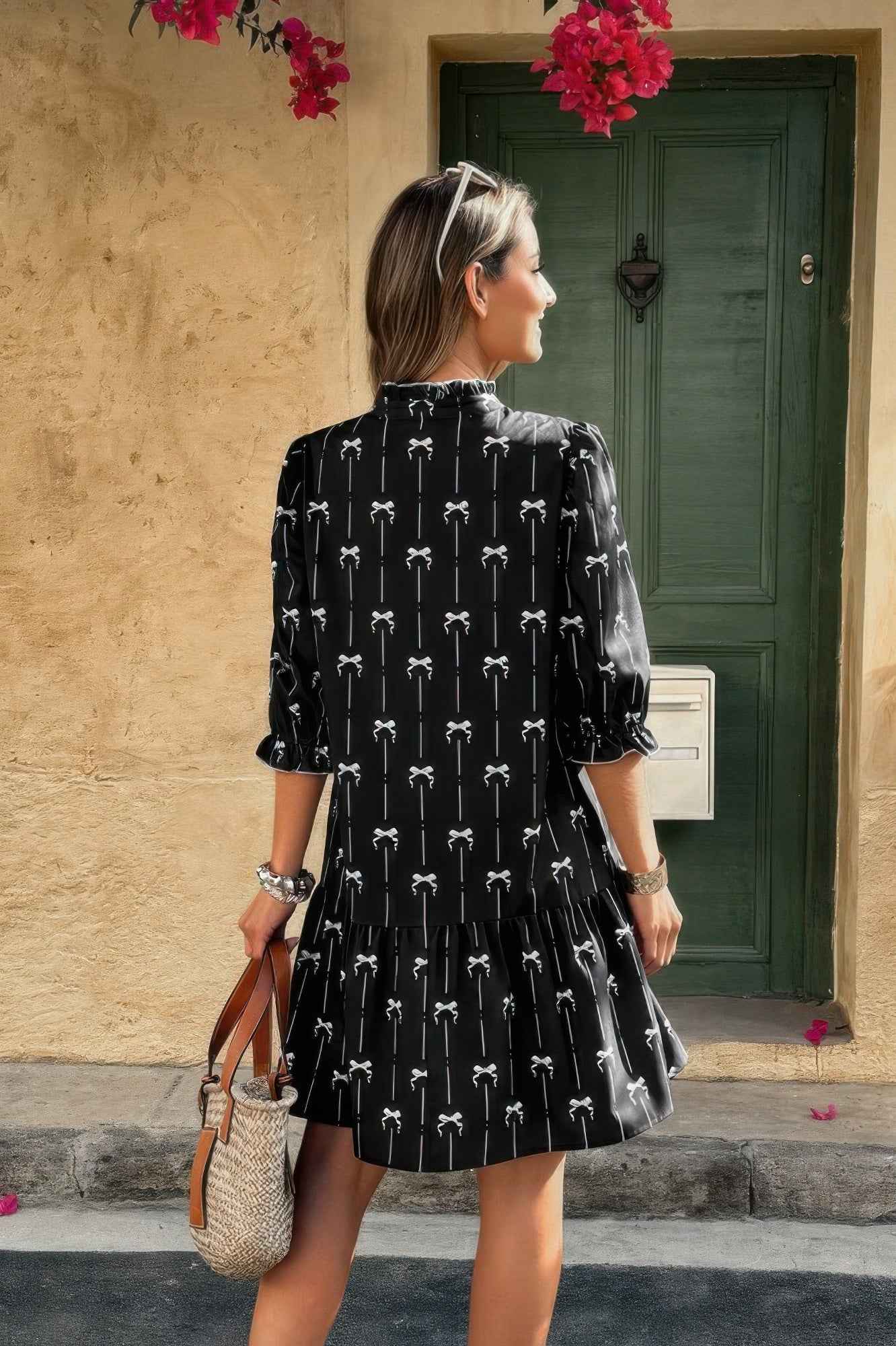 A Line Bow Ruffle V Neck Loose Fit Dress