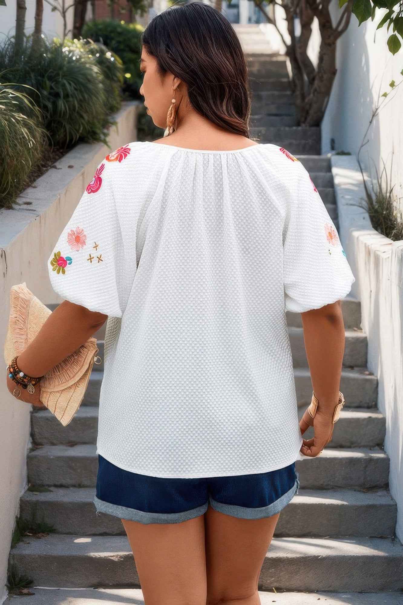 Floral V Neck Ruffle Puff Sleeve Lace Blouse