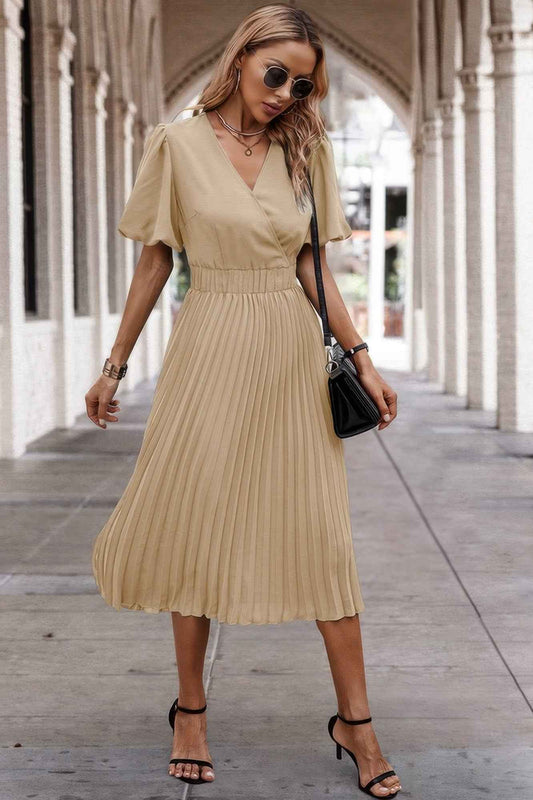Solid Elastic Waist Band Pleated V Neck Dress