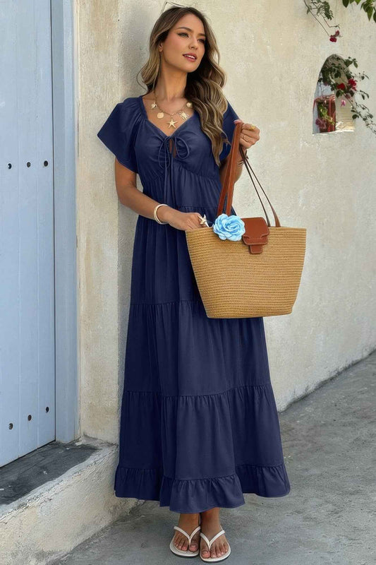 Square Neck Cross Knot Pockets Ruffle Hem Dress