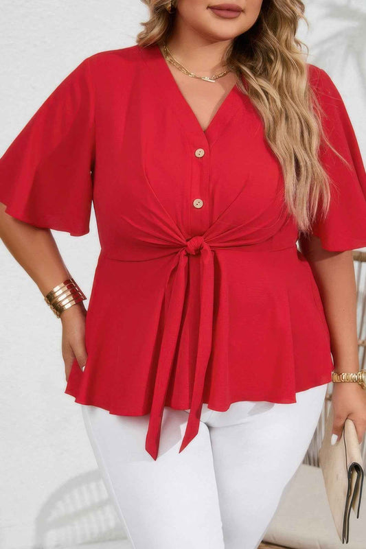 Plus Tie Front Half Button V Neck Solid Blouse