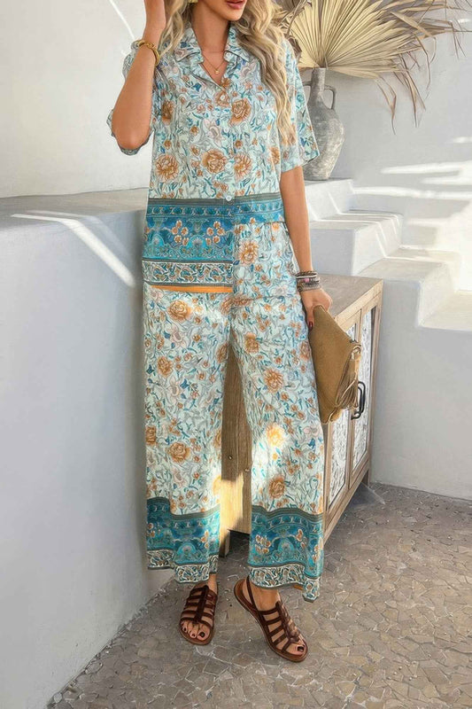 Two Pieces Button Down Boho Blouse Pant Sets