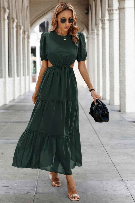Cut Out Waist Ruffle Hem Puff Sleeves Fit Dress