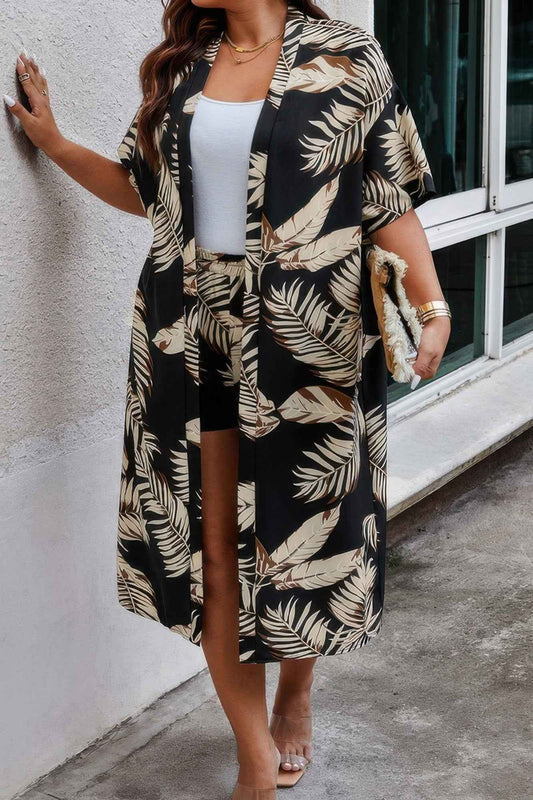 Plus Leaf Print Pockets Elastic Waist Shorts Sets