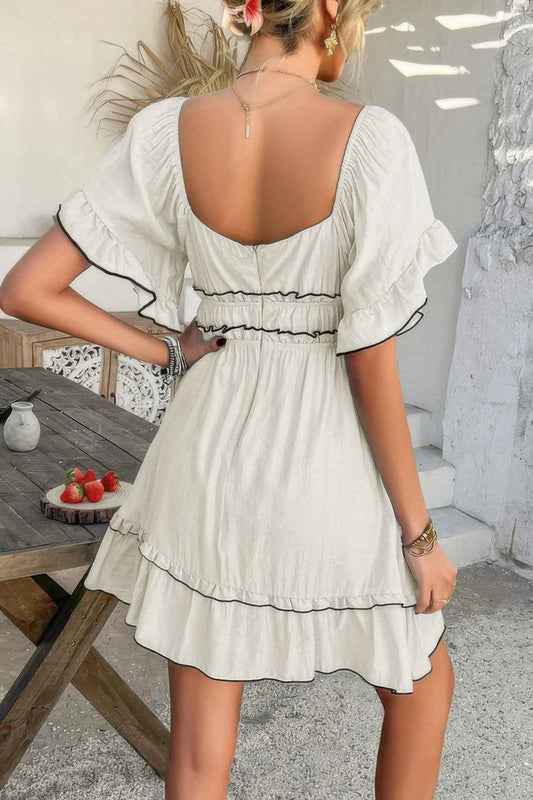 Off Shoulder Square Neck Ruffle Trim Short Dress
