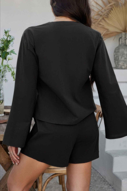 Two Pieces Tie Open Front V Neck Long Sleeve Sets