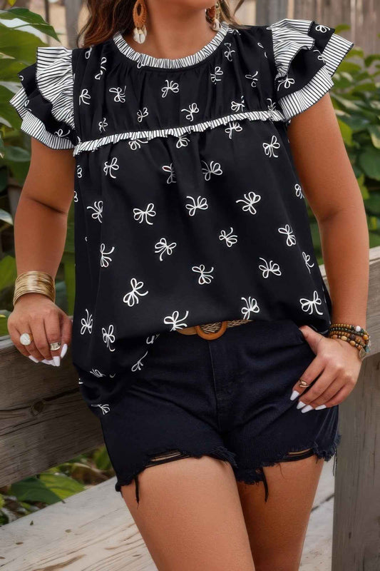 Plus Size Ruffle Hem Random Print Loose Shirt