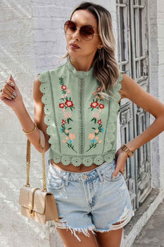 Sleeveless Floral Embroidery Guipure Lace Blouse