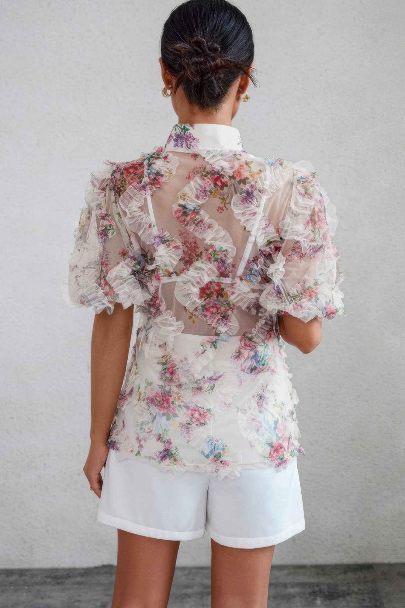 Allover Print See Through Collar Puff Sleeve Shirt