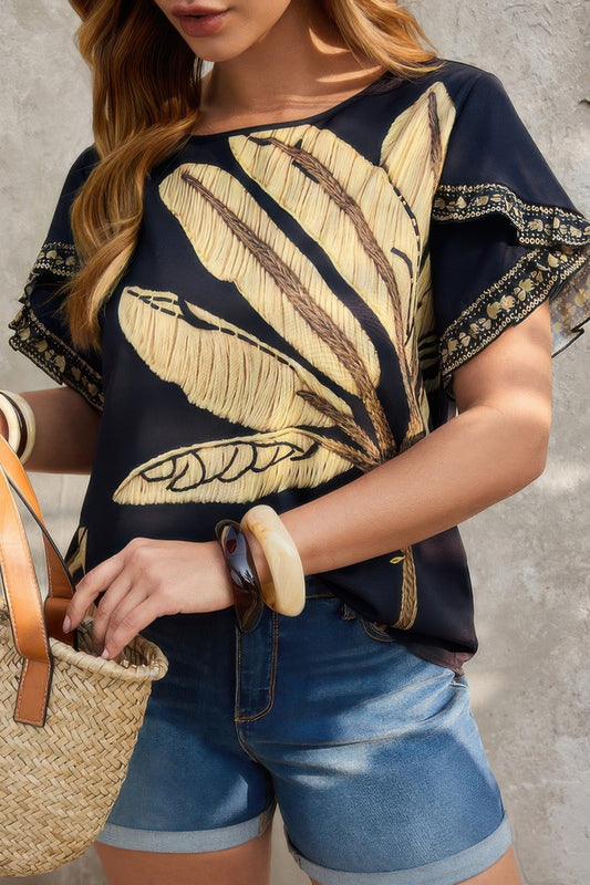 Plus Tropical Print Ruffle Hem Sleeve Blouse - It's a Girly Place