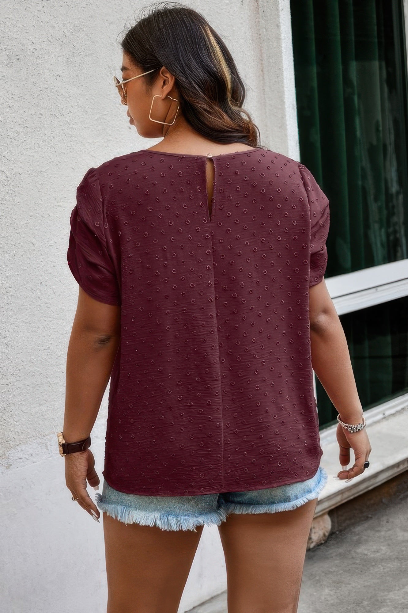 Plus Size Solid Swiss Dots Short Sleeve Blouse - It's a Girly Place