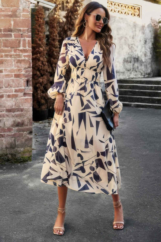 Boho V Neck A Line High Waist Long Sleeve Dress