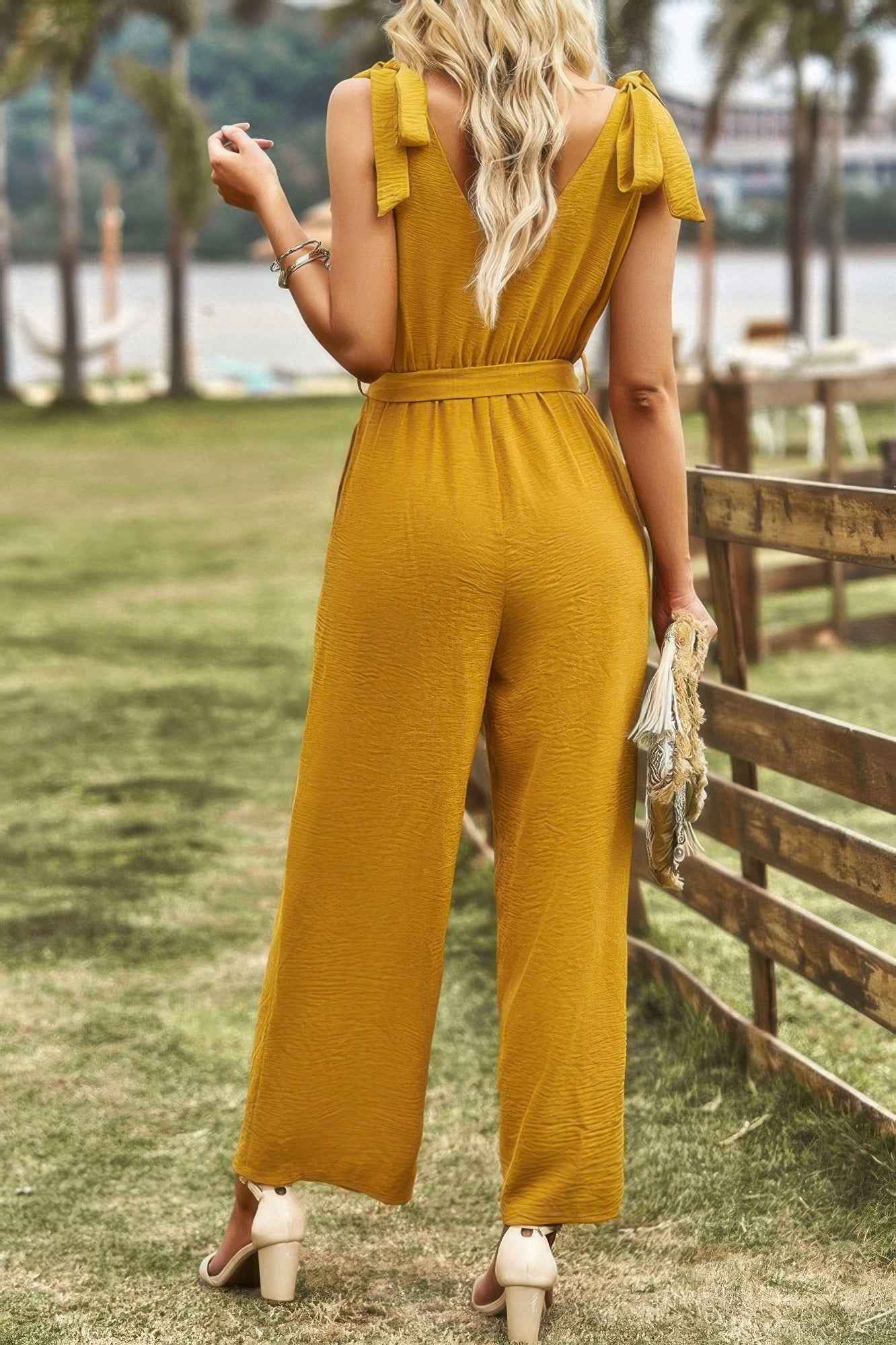Solid Belt V Neck Wide Leg Fit Jumpsuit