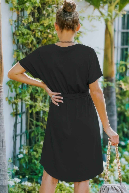 V Neck Waist Tie Solid A Line Dress
