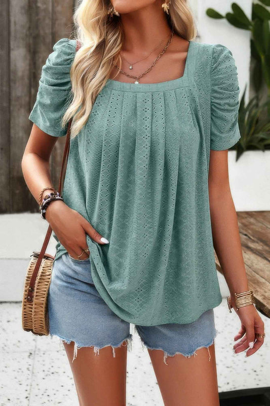 Square Neck Puff Sleeve Tunic Tops Eyelet Shirt