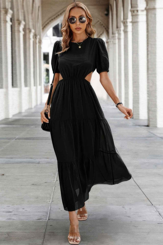 Cut Out Waist Ruffle Hem Puff Sleeves Fit Dress