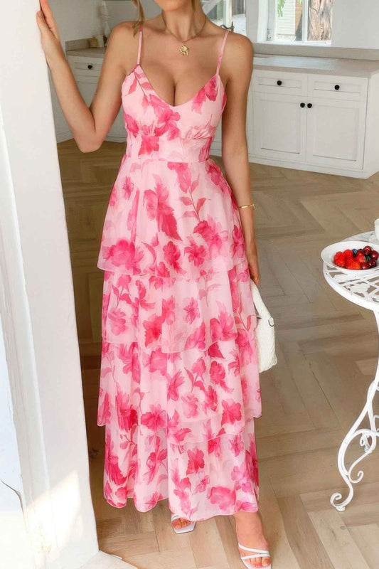 Straps Floral Print V Neck Patchwork Full Dress