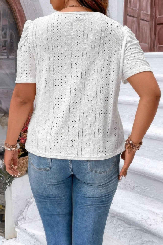 Plus Size Solid Hollow Out Puff Sleeves Shirt