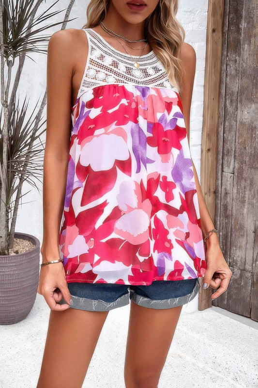 Floral Print Lace Trim Sleeveless Loose Pleated Top