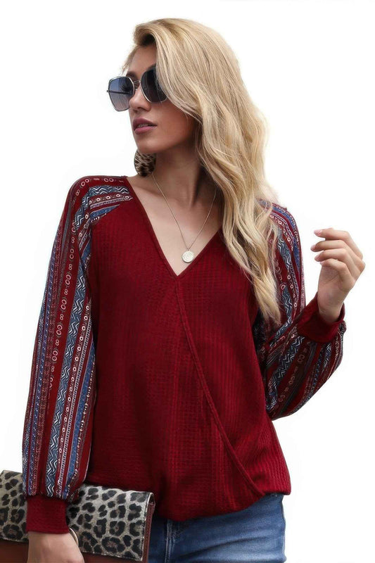 Color Block Deep V Neck Raglan Sleeve Wrap Top