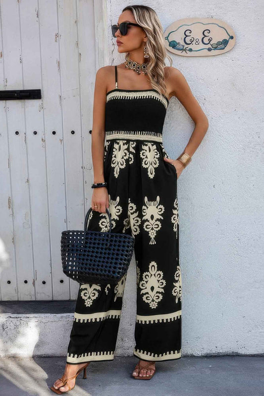 Off Shoulder Ruched Printed High Waist Jumpsuit