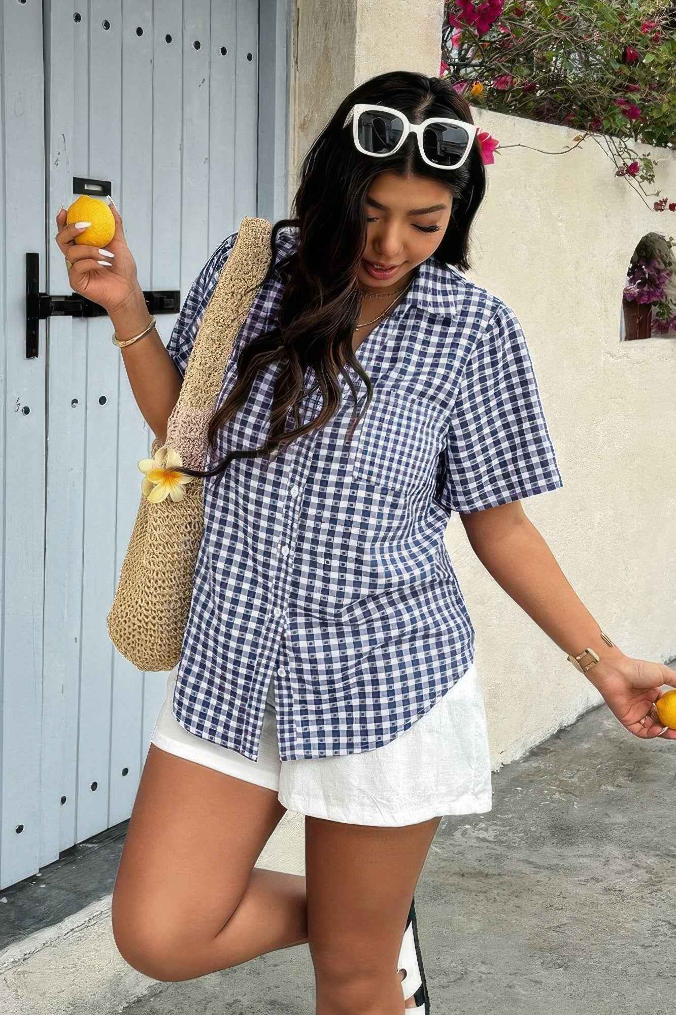 Plus Size Plaid Pocket Short Sleeve Loose Blouse