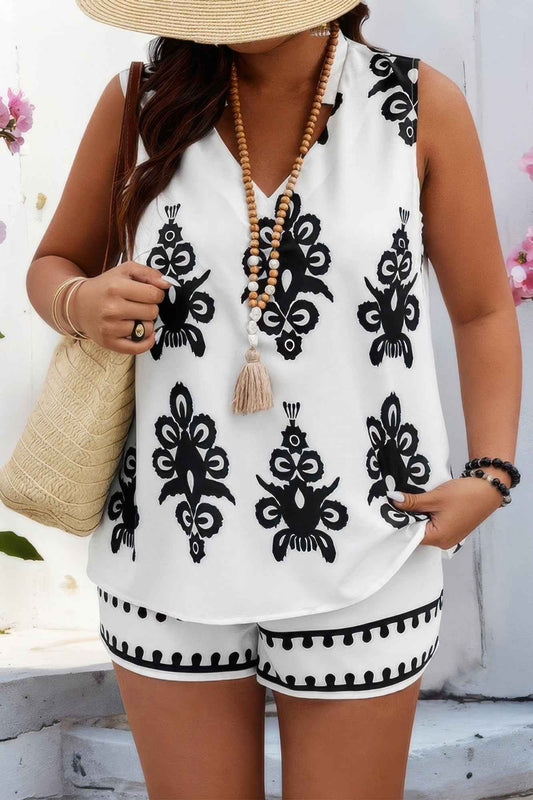 Plus Printed V Neck Loose Shirt And Shorts Set