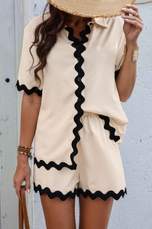 Color Block Two Pieces Button Blouse Sets