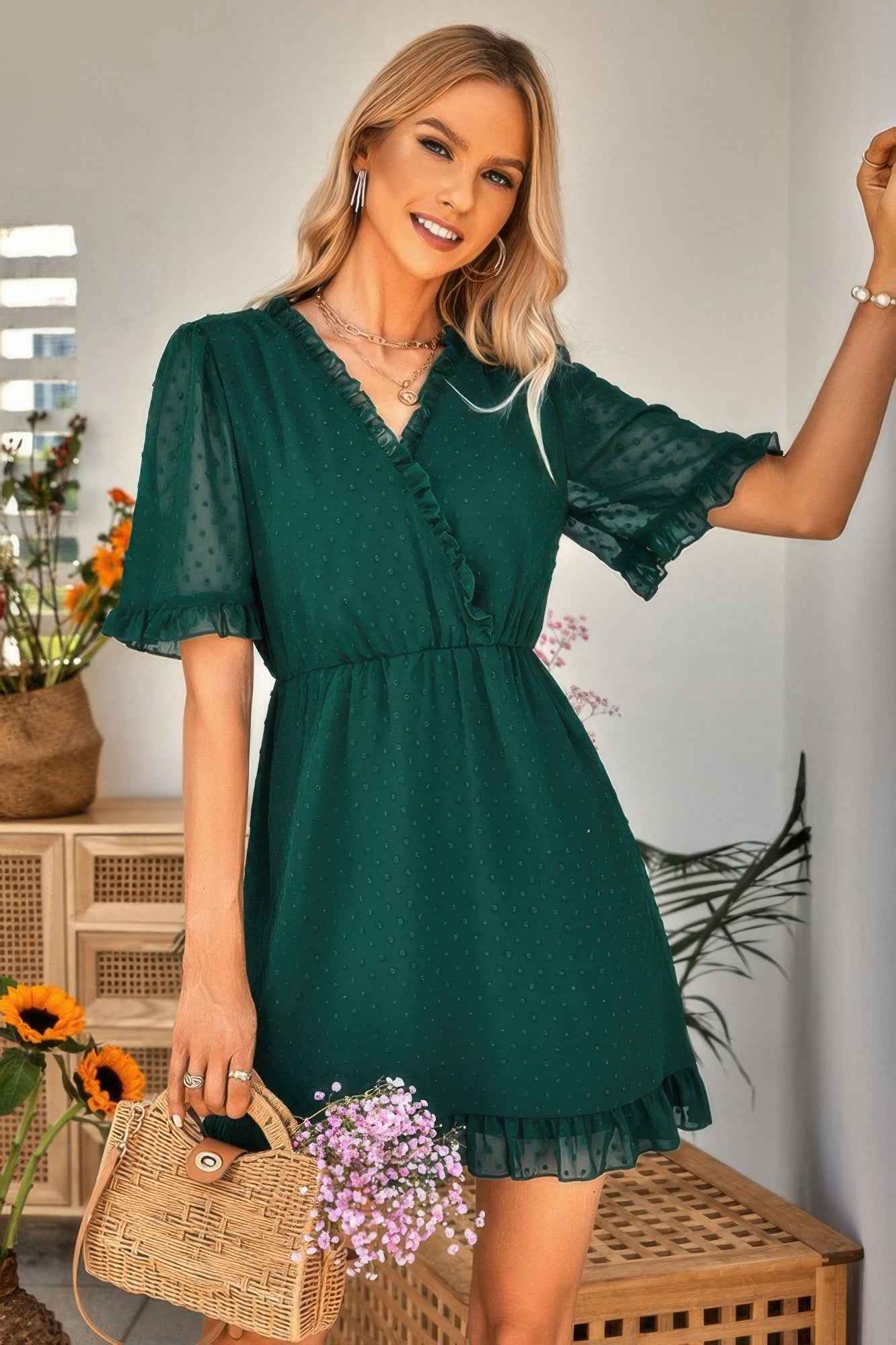 Swiss Dot Frill Trim Puff Sleeve Surplice Dress