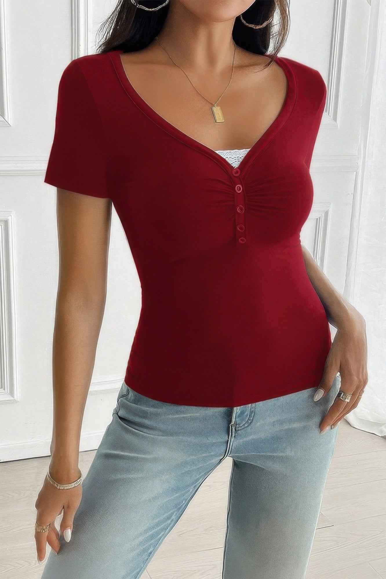 V Neck Solid Lace Splicing Button Fitted Shirt