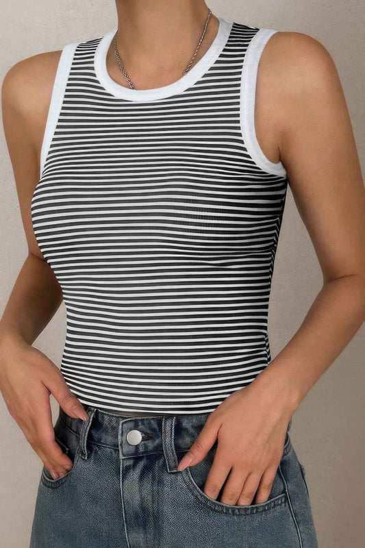Striped Round Neck White Trim Crop Fitted Tank Top