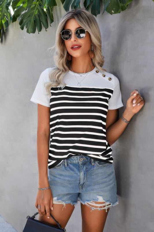 Strip Round Neck Loose Fit Button Tee - It's a Girly Place
