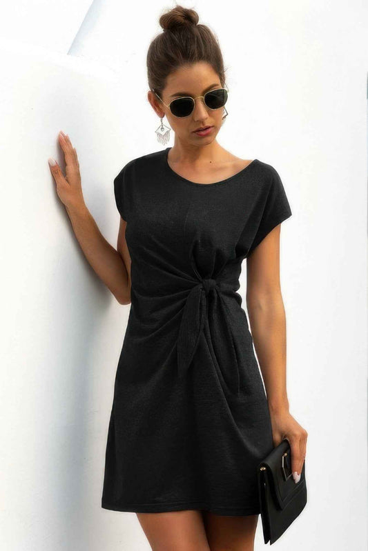 Solid Twist Knot Front Short Sleeve Tee Fit Dress