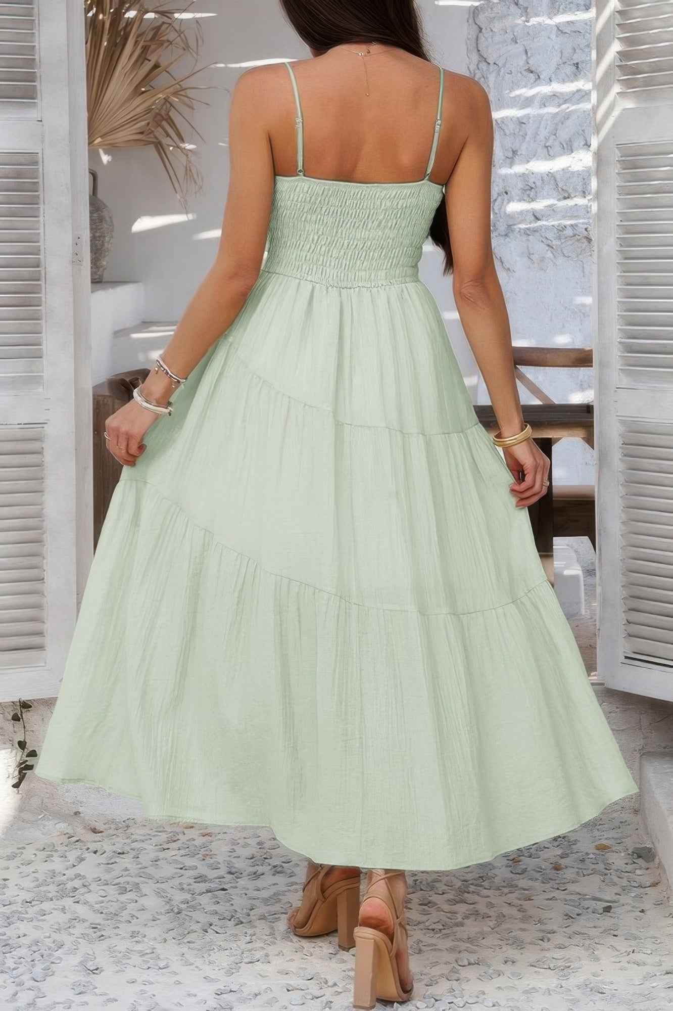 Solid Sleeveless Smocked Tiered Maxi Cami Dress