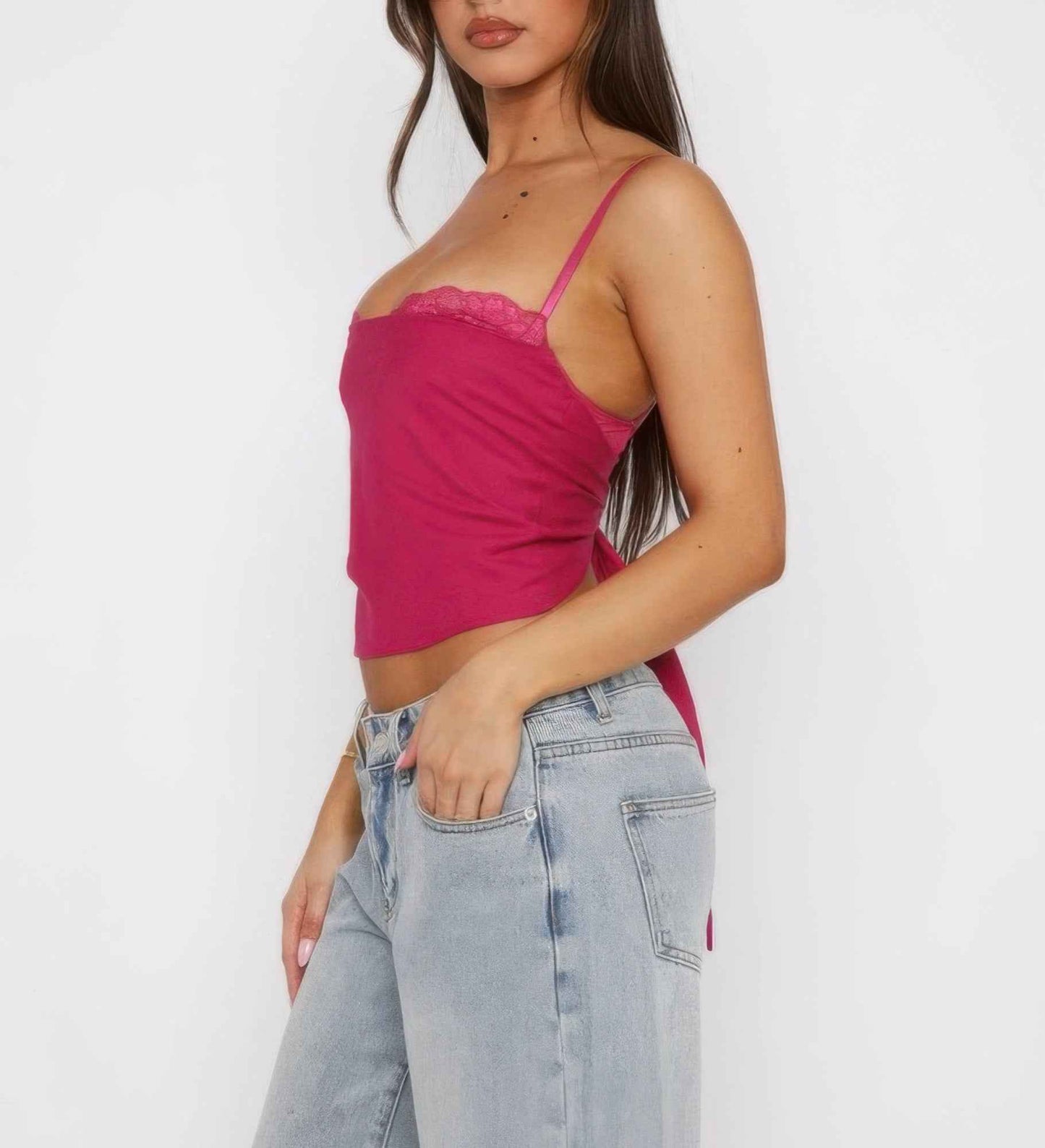 Solid Back Knot Lace Trim Sleeveless Shirt