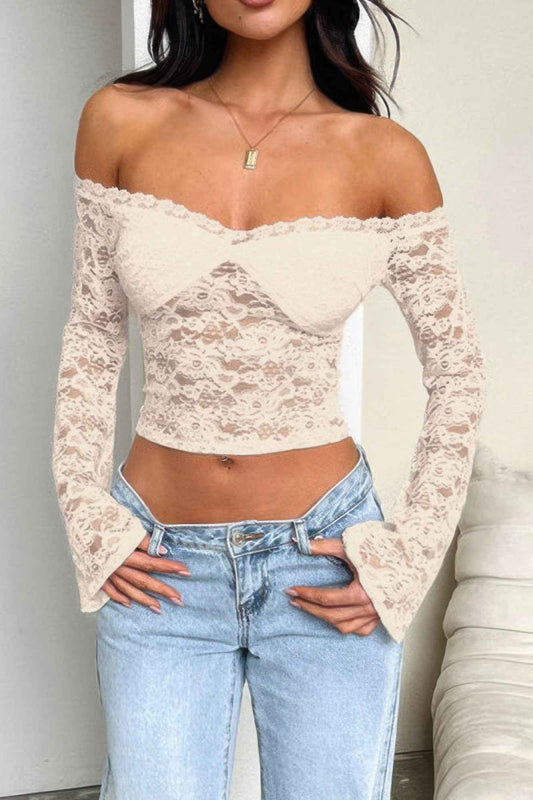 Off Shoulder Fitted Sheer Lace Long Sleeve Top