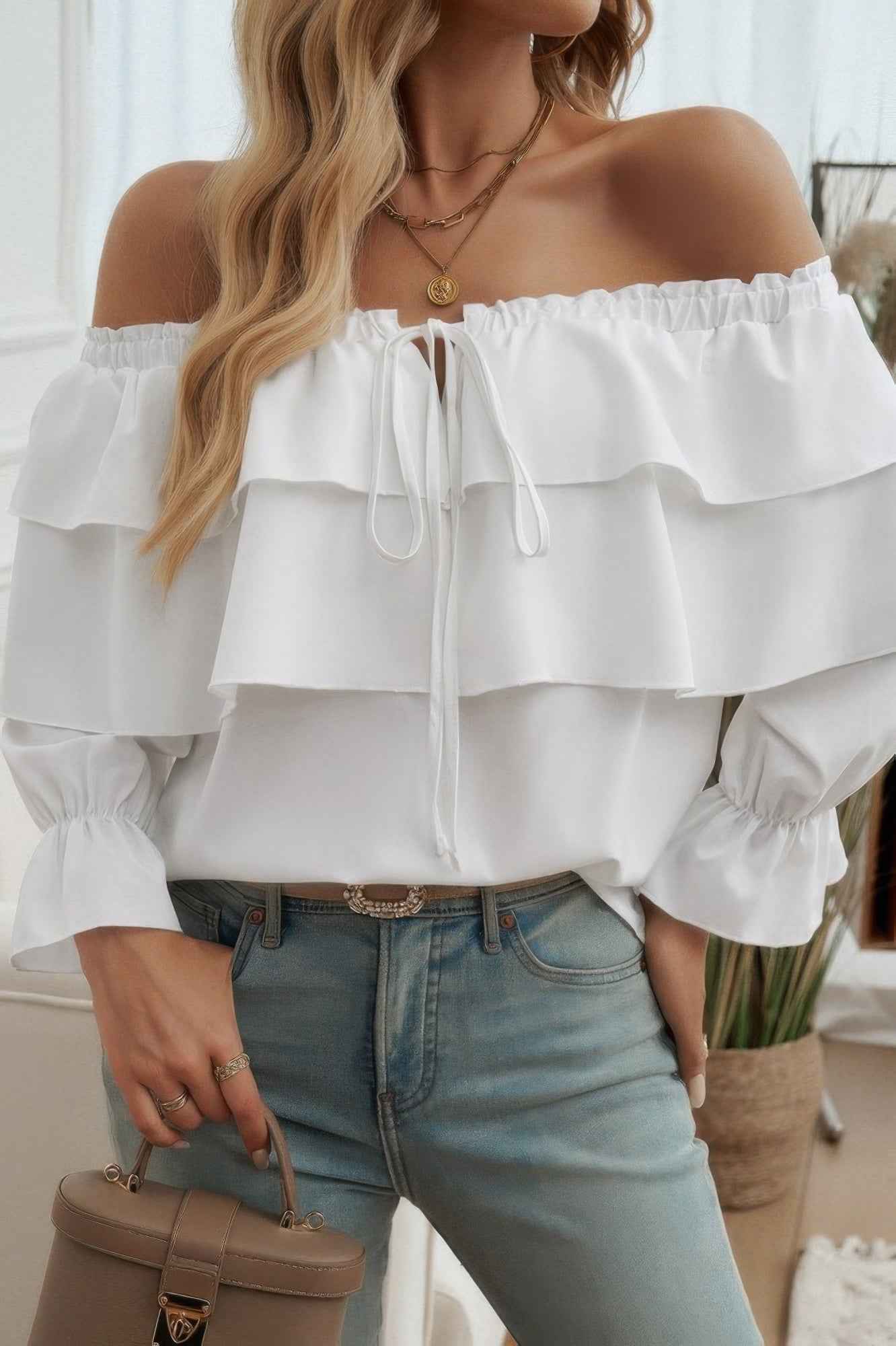 Tiered Ruffles Drawstring Ruched Neck Blouse