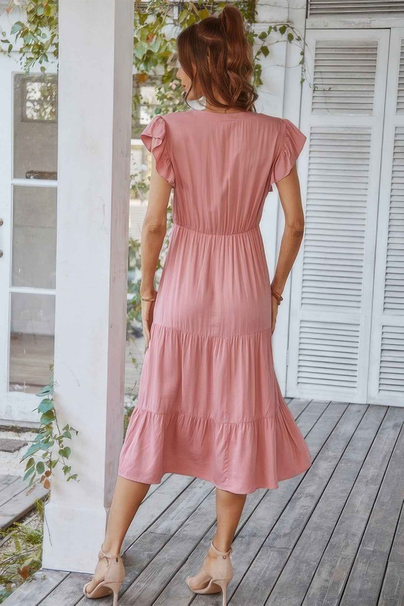 V Neck Flutter Sleeve Ruffle Hem Layered Dress