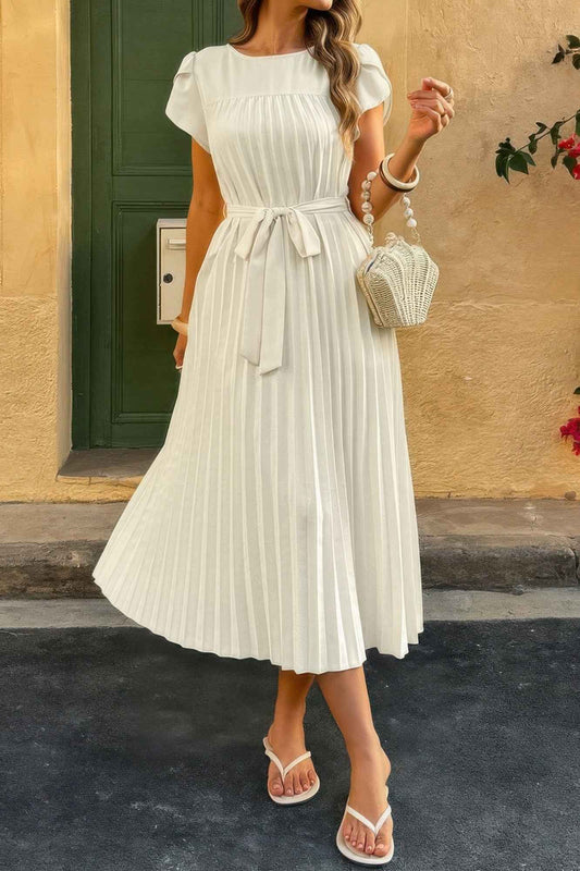 Solid Pleated Belt Short Puff Sleeves Fit Dress