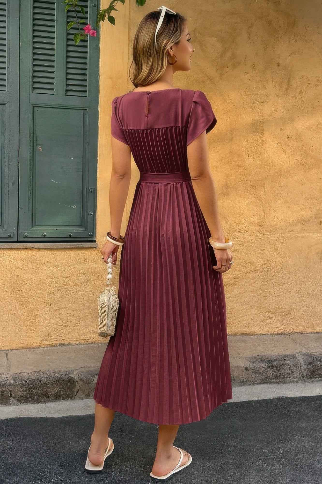 Solid Pleated Belt Short Puff Sleeves Fit Dress