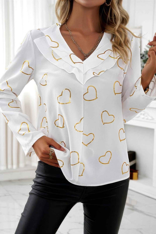 Color Black Heart Print V Neck Ruffle Loose Blouse