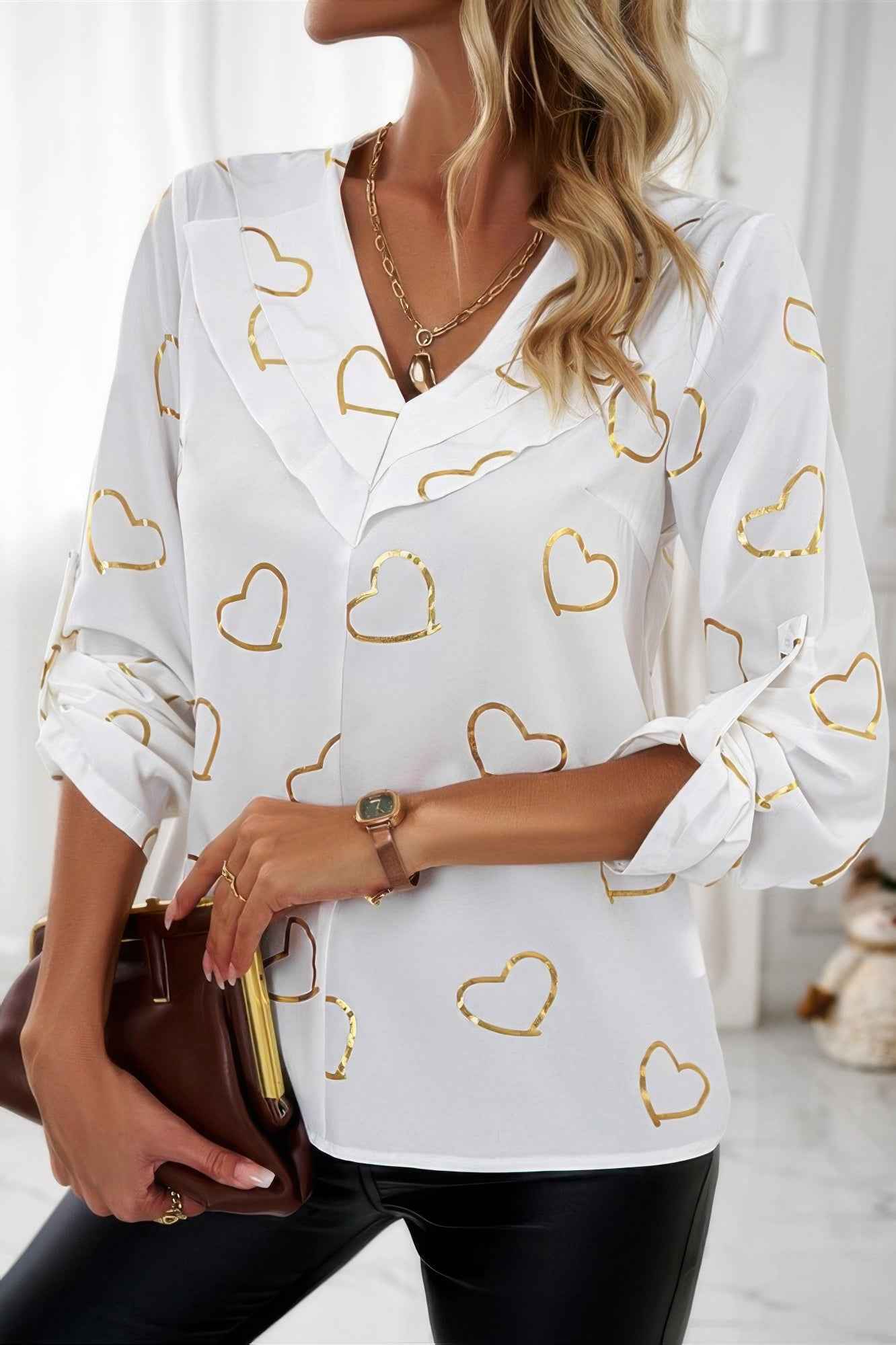 Color Black Heart Print V Neck Ruffle Loose Blouse